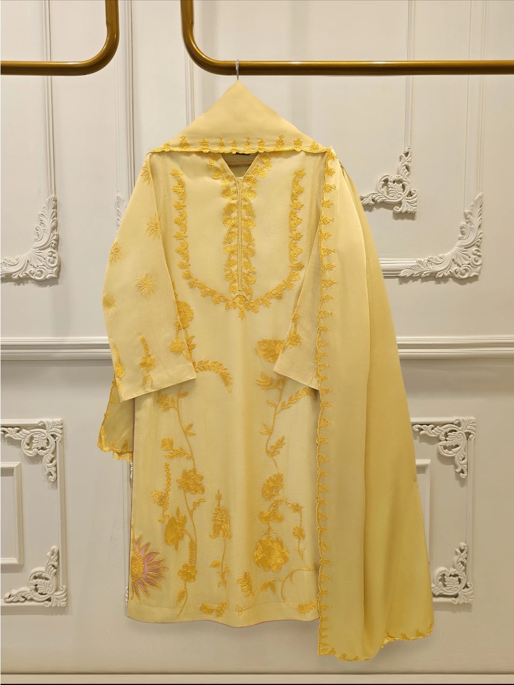 Light Yellow Embroidered Long-Sleeve Women’s Dress with Scarf
